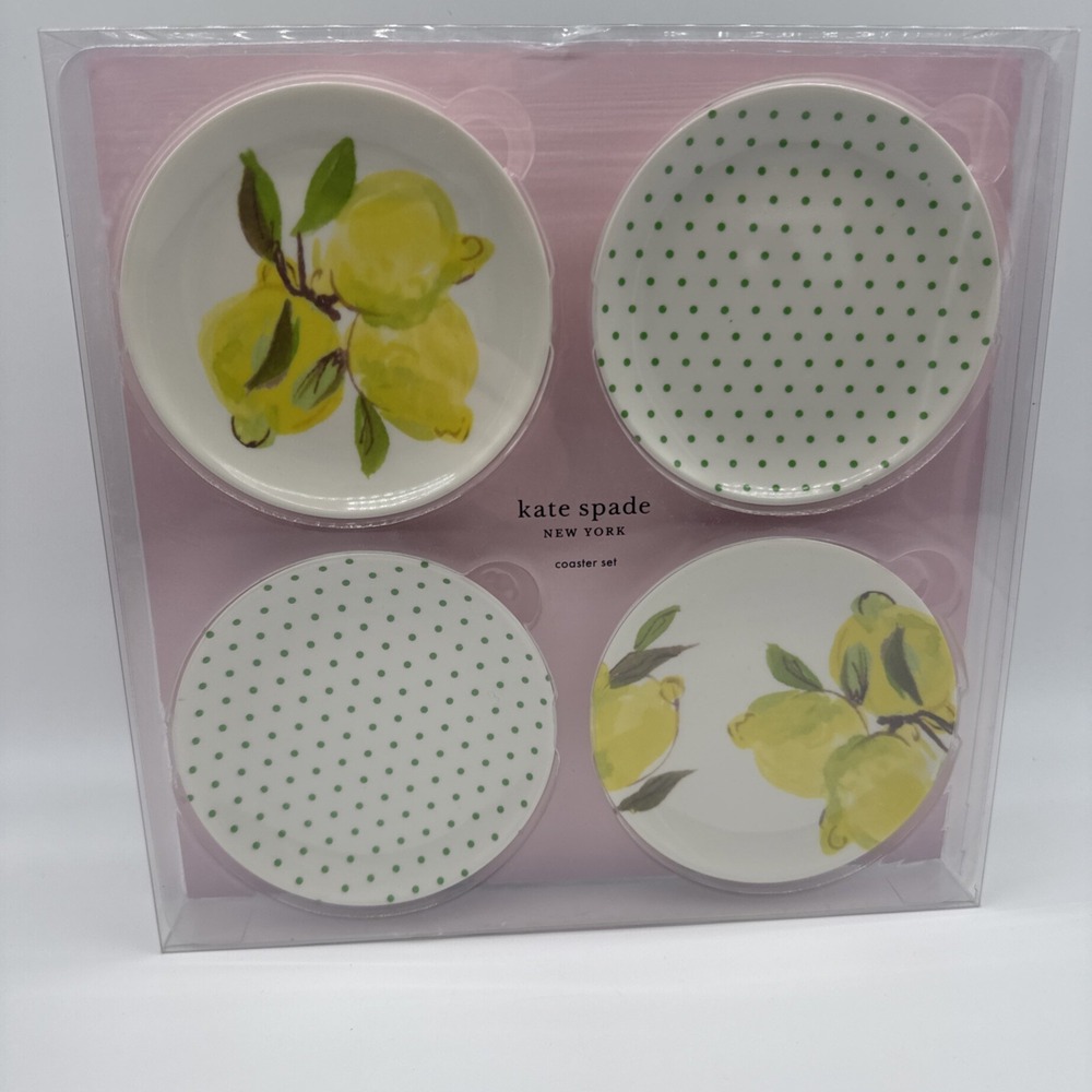 New in Box Kate Spade Lemon Melamine 4" Spring Coaster Set 4 Polka Dot & Floral